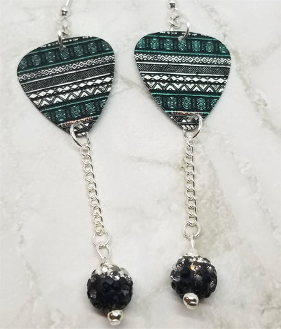 Geometric Turquoise and Black Print Guitar Pick Earrings with Black Ombre Pave Bead Dangles