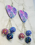 Beautifully Colored Peacock Feathers Guitar Pick Earrings with Pave Bead Dangles