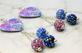 Beautifully Colored Peacock Feathers Guitar Pick Earrings with Pave Bead Dangles