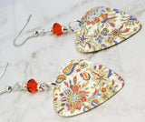 Orange, Blue and Green Flower Patterned Guitar Pick Earrings with Hyacinth Swarovski Crystals