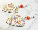 Orange, Blue and Green Flower Patterned Guitar Pick Earrings with Hyacinth Swarovski Crystals