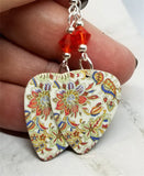 Orange, Blue and Green Flower Patterned Guitar Pick Earrings with Hyacinth Swarovski Crystals