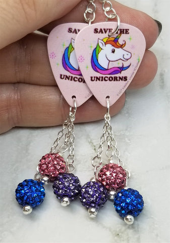 Save the Unicorns Guitar Pick Earrings with Pave Bead Dangles
