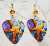 Vibrant Starfish Scene Guitar Pick Earrings with Orange Swarovski Crystals