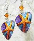 Vibrant Starfish Scene Guitar Pick Earrings with Orange Swarovski Crystals