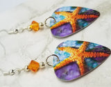 Vibrant Starfish Scene Guitar Pick Earrings with Orange Swarovski Crystals