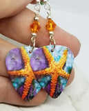 Vibrant Starfish Scene Guitar Pick Earrings with Orange Swarovski Crystals