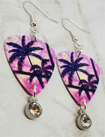 Palm Trees and Sun Tropical Scene Guitar Pick Earrings with Clear Crystal Charms