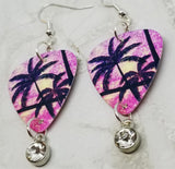 Palm Trees and Sun Tropical Scene Guitar Pick Earrings with Clear Crystal Charms