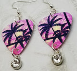 Palm Trees and Sun Tropical Scene Guitar Pick Earrings with Clear Crystal Charms