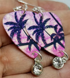 Palm Trees and Sun Tropical Scene Guitar Pick Earrings with Clear Crystal Charms