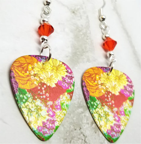 Beautifully Flowered Guitar Pick Earrings with Hyacinth Swarovski Crystals