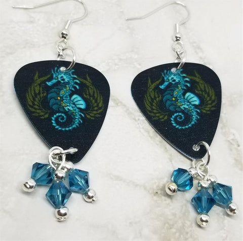 Seahorse Guitar Pick Earrings with Blue Swarovski Crystal Dangles