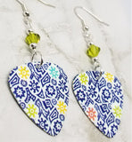 Blue Patterned Guitar Pick Earrings with Green Swarovski Crystals