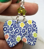 Blue Patterned Guitar Pick Earrings with Green Swarovski Crystals