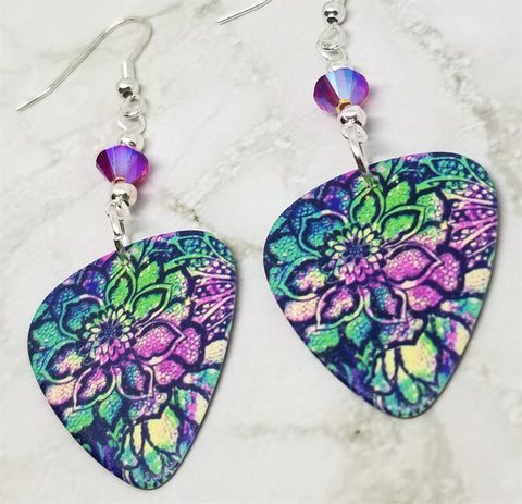 Colorful Flowered Guitar Pick Earrings with Fuchsia ABx2 Swarovski Crystals