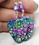Colorful Flowered Guitar Pick Earrings with Fuchsia ABx2 Swarovski Crystals