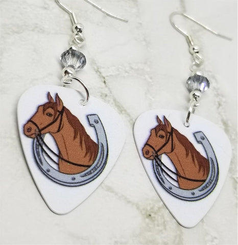 Horse and Horseshoe Guitar Pick Earrings with Metallic Silver Swarovski Crystals