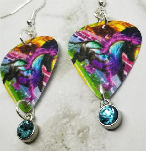 Colorful Horse Guitar Pick Earrings with Aqua Blue Crystal Charms