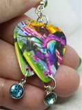 Colorful Horse Guitar Pick Earrings with Aqua Blue Crystal Charms