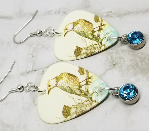 Vintage Style Bird Illustration Guitar Pick Earrings with Aqua Blue Crystal Charms