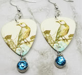 Vintage Style Bird Illustration Guitar Pick Earrings with Aqua Blue Crystal Charms
