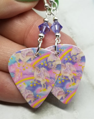 Unicorns and Rainbows Guitar Pick Earrings with Purple Swarovski Crystals