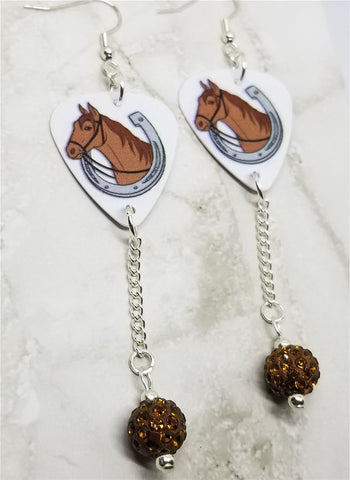 Horse and Horseshoe Guitar Pick Earrings with Brown Pave Bead Dangles