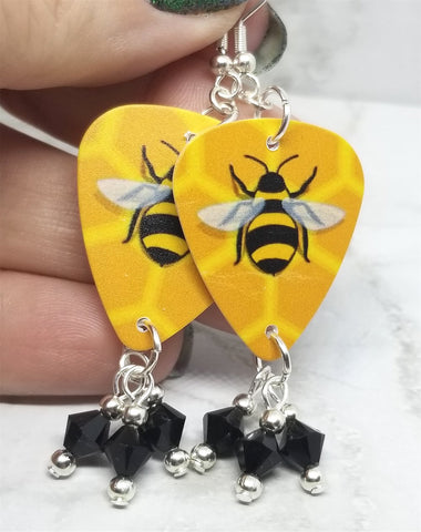 Bumblebee Guitar Pick Earrings with Black Swarovski Crystal Dangles