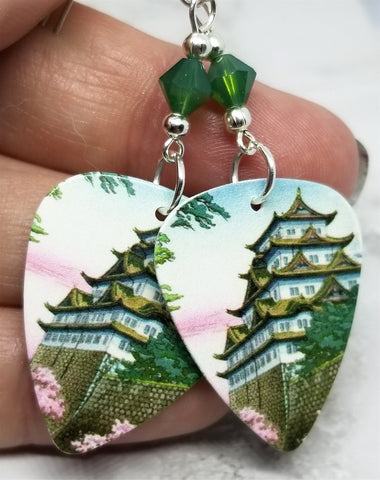 Tsuchiya Koitsu Nagoya Castle Guitar Pick Earrings with Green Opal Swarovski Crystals
