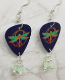 Dragonfly Guitar Pick Earrings with Green Opal Swarovski Crystal Dangles