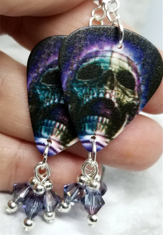 Skull Guitar Pick Earrings with Purple Swarovski Crystal Dangles