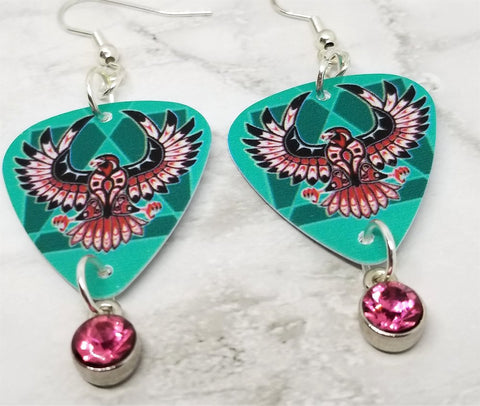 Thunderbird Guitar Pick Earrings with Pink Crystal Charm Dangles