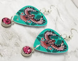 Thunderbird Guitar Pick Earrings with Pink Crystal Charm Dangles