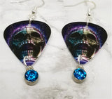 Skull Guitar Pick Earrings with Teal Crystal Charm Dangles