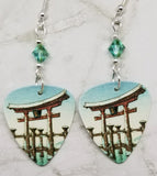 Tsuchiya Koitsu Snow at Miyajima Guitar Pick Earrings with Green Swarovski Crystals