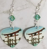 Tsuchiya Koitsu Snow at Miyajima Guitar Pick Earrings with Green Swarovski Crystals