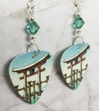 Tsuchiya Koitsu Snow at Miyajima Guitar Pick Earrings with Green Swarovski Crystals