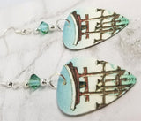 Tsuchiya Koitsu Snow at Miyajima Guitar Pick Earrings with Green Swarovski Crystals