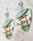 Tsuchiya Koitsu Snow at Miyajima Guitar Pick Earrings with Green Swarovski Crystals