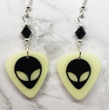 Glow in the Dark Alien Head Guitar Pick Earrings with Black Crystals