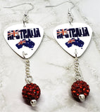 Australian Flag Forming Continent and Word Guitar Pick Earrings with Red Pave Bead Dangles