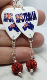 Australian Flag Forming Continent and Word Guitar Pick Earrings with Red Pave Bead Dangles