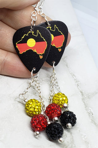 Australian Shaped Aboriginal Flag Guitar Pick Earrings with Pave Bead Dangles