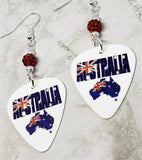 Australian Flag Forming Continent and Word Guitar Pick Earrings with Red Pave Beads