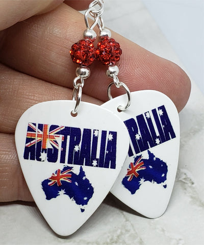 Australian Flag Forming Continent and Word Guitar Pick Earrings with Red Pave Beads
