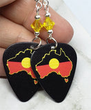 Australian Shaped Aboriginal Flag Guitar Pick Earrings with Yellow Swarovski Crystals