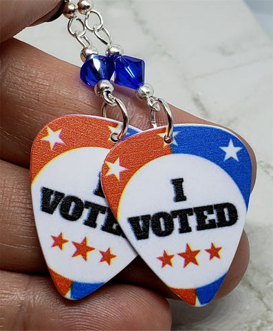 I Voted Guitar Pick Earrings with Blue Swarovski Crystals