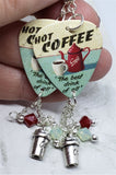 Hot Coffee The Best Drink of All Guitar Pick Earrings with Coffee Cup Charm and Swarovski Crystal Dangles