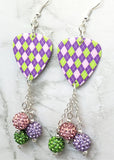 Pink, Purple, and Bright Green Argyle Guitar Pick Earrings with Pave Bead Dangles